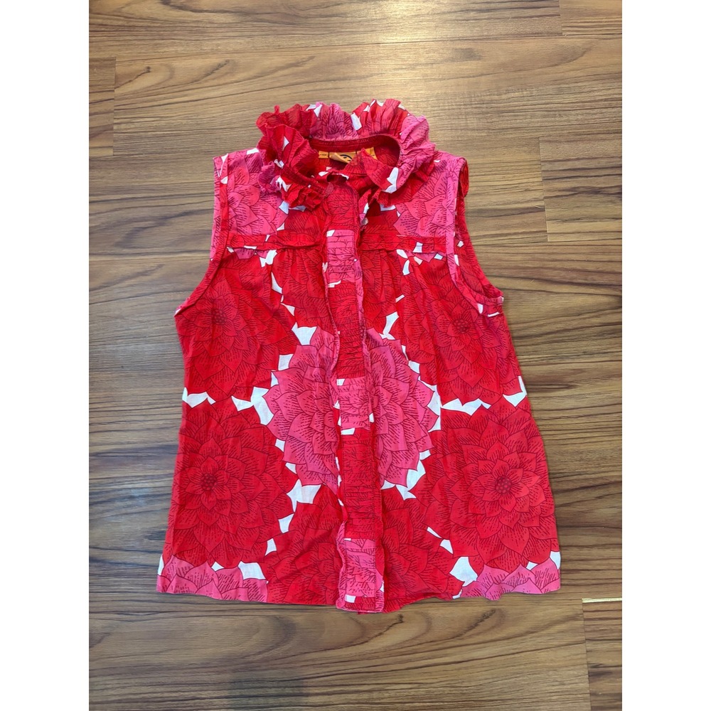 Red and pink floral print Tory Burch ruffle sleeveless blouse sz 8